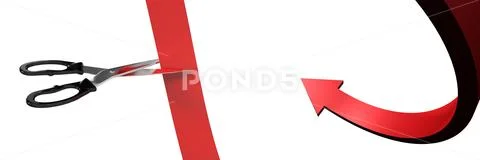 Scissors cutting ribbon with curved arrow Stock Illustration