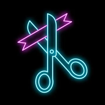Scissors cutting ribbon neon light sign grand opening Stock Illustration