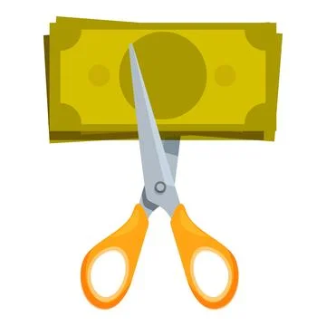 Scissors cutting stack of money, cost reduction and budget saving concept Stock Illustration