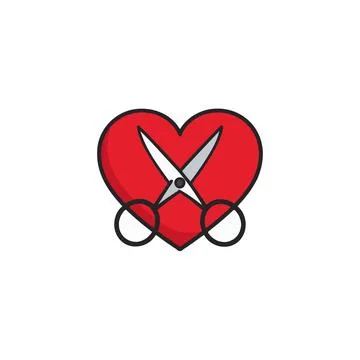 Scissors cutting through a heart symbol artwork representing separation end.. Illustrazione stock