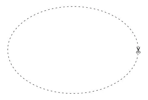 Scissors on dashed line oval shape, dash line and scissors, dash outline an.. Illustrazione stock