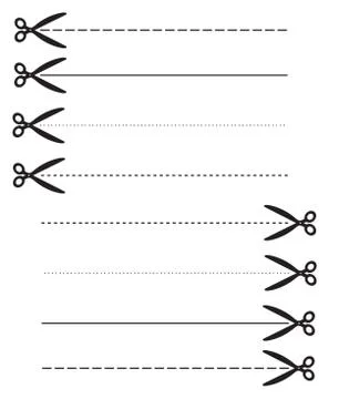 Scissors with dashed line on white background. Set scissors cutting paper Illustrazione stock