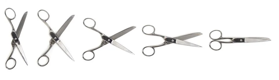 Scissors in different positions open wide to closed isolated on white banner Stock Photos
