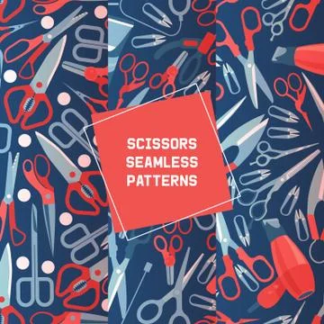 Scissors of different shape and fan set of seamless patterns vector illustration Illustrazione stock