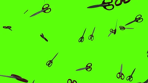 Scissors exploding over green screen. Clippers explosion across the screen Stock Footage 239125006