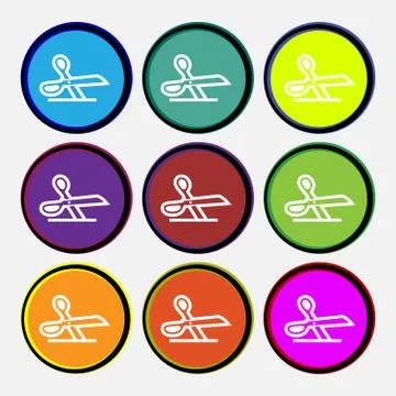 Scissors icon sign. Nine multi colored round buttons. Vector Stock Illustration