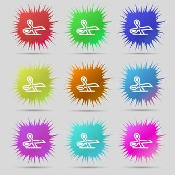 Scissors icon sign. A set of nine original needle buttons. Vector Stock Illustration