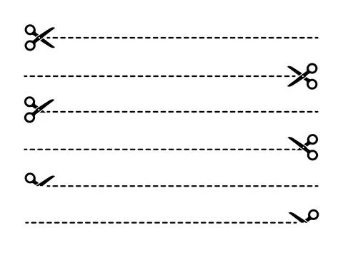 Scissors icons set with cut lines and dashed borders, symbolizing cutting and Stock Illustration