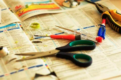 Scissors lie on the table close-up Stock Photos