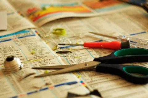 Scissors lie on the table close-up Stock Photos