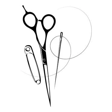 Scissors, needle and thread and pin. Design for sewing salon Stockillustratie