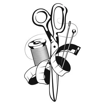 Scissors, needle, spool of thread and meter Stock Illustration