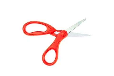 Scissors with plastic red handles isolated on white background , objects copy Stock Photos