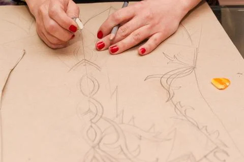 Scissors reel of thread, measuring tapes and natural fabric Stock Photos