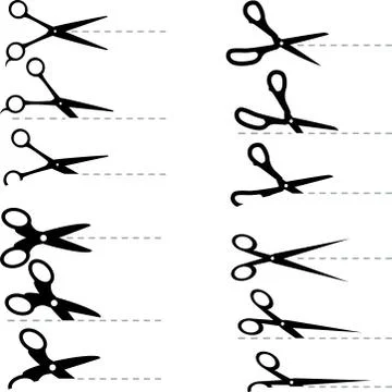 Scissors set icons in flat style with dotted line. Stock Illustration