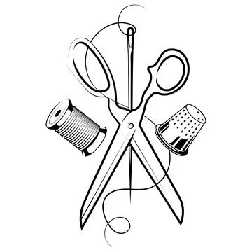 Scissors, sewing needle and spool of thread. Sewing shop sign Illustration