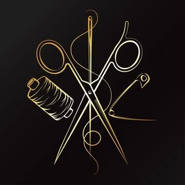 Scissors, sewing needle, and spool of thread. Gold badge for a sewing salon. Illustration