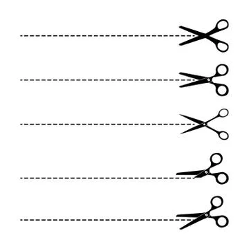 Scissors silhouette and cut lines set Stock Illustration