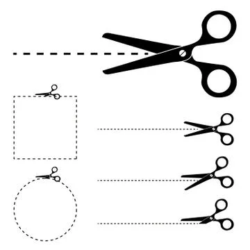 Scissors silhouette and cut lines set Illustrazione stock