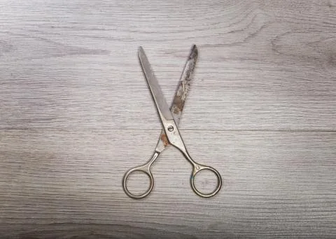 Scissors sits on a wood table Stock Photos