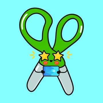 Scissors with smartphone character. Vector hand drawn cartoon kawaii charac.. Illustrazione stock
