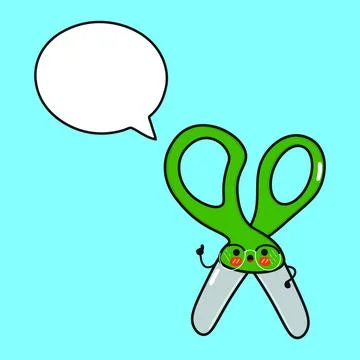 Scissors with speech bubble. Vector hand drawn cartoon kawaii character ill.. Illustrazione stock