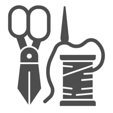 Scissors, spool and needle solid icon. Sewing vector illustration isolated on Stock Illustration