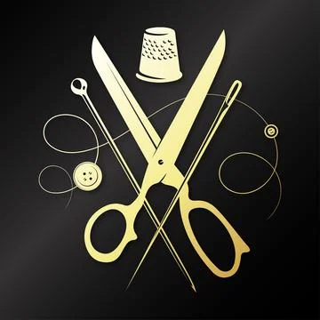 Scissors thimble and needle and thread gold design Stock Illustration