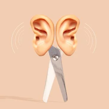 Scissors with two ears over each background. Overhearing, gossips, mass media Ilustração Stock