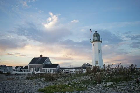 Scituate Lighthouse on a Partly Cloudy Sunset -04 Stock Photos