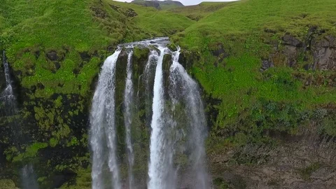 Scogafoss waterfall and rock close up. Andreev. Stock Footage