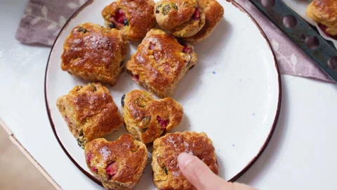 Scones, British instant bread are placed on a plate. Stock Footage 156741489