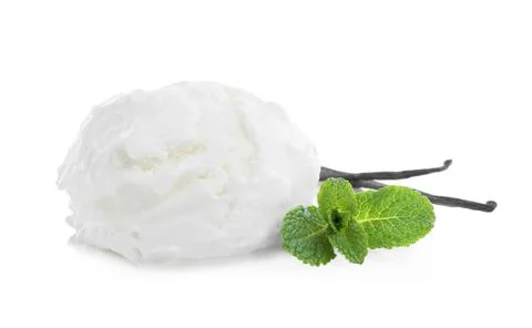 Scoop of delicious ice cream with vanilla and mint on white background Stock Photos