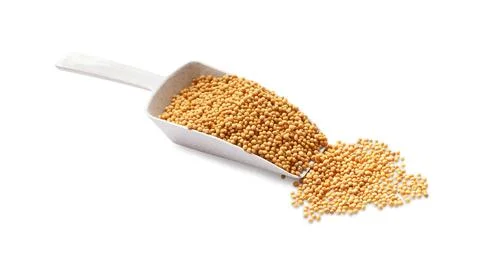 Scoop with mustard seeds on white background Stock Photos