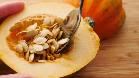 Scooping Seeds from an Acorn Squash Stock Footage 125829196