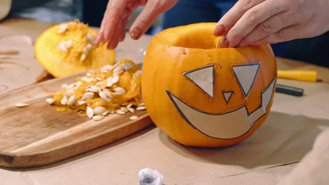 Scooping Seeds from Halloween Jack O Lantern Pumpkin Stock Footage 342281384