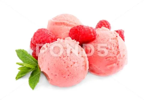 Scoops of delicious raspberry ice cream with mint and fresh berries on ...