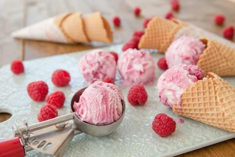 Scoops of raspberry ice cream Stock Photos