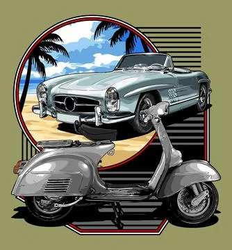 Scooter and car beach background vector template Stock Illustration