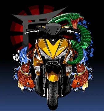 Scooter front view with fish and snake ornaments Illustrazione stock