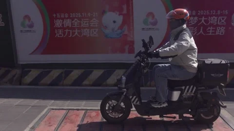 Scooter Mounting Sidewalk, Along side, 4K Stock Footage 330038010