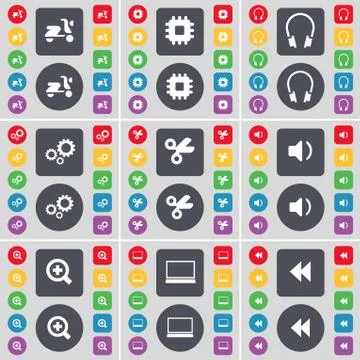 Scooter, Processor, Headphones, Gears, Scissors, Sound, Plus, Laptop, Rewind ico 스톡 일러스트
