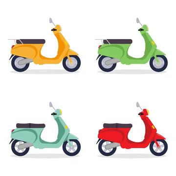 Scooter set. Scooters in different colors. scooter with luggage for delivery Stock Illustration