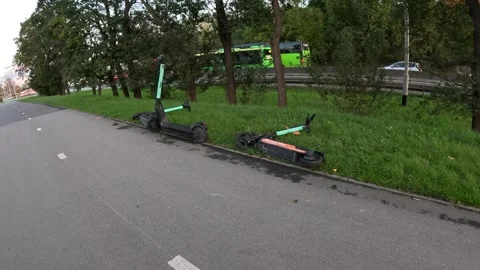 Scooter Siesta Three E Scooters on the Grass, Poland, Wroclaw, 25.10.2023 Stock Footage 254160240