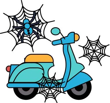 Scooter sits still, webbed with spiders' silken threads 스톡 일러스트