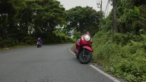 Scooter stands on the side of the road in the middle of the jungle Stock Footage 223822942