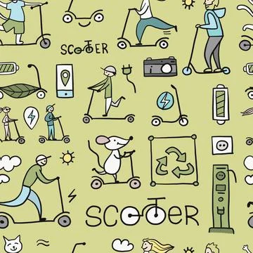 Scooter Theme Background. Ecological Green transport concept. Seamless pattern Stock Illustration