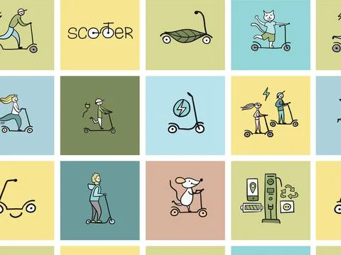 Scooter Theme Background. Ecological Green transport concept. Seamless pattern Stock Illustration