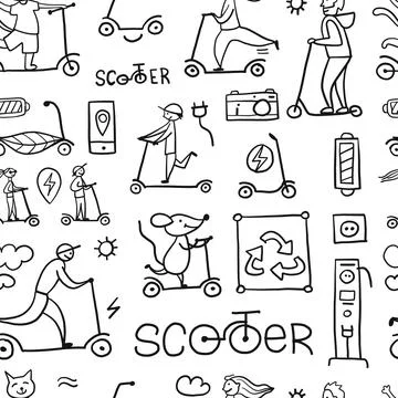 Scooter Theme Background. Ecological Green transport concept. Seamless pattern Stock Illustration