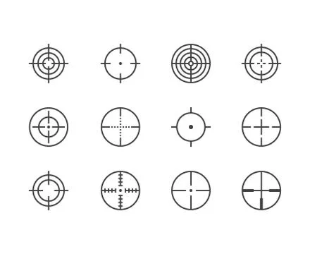 Scope flat line icons set. Target, weapon aim, sniper crosshair vector Stock Illustration